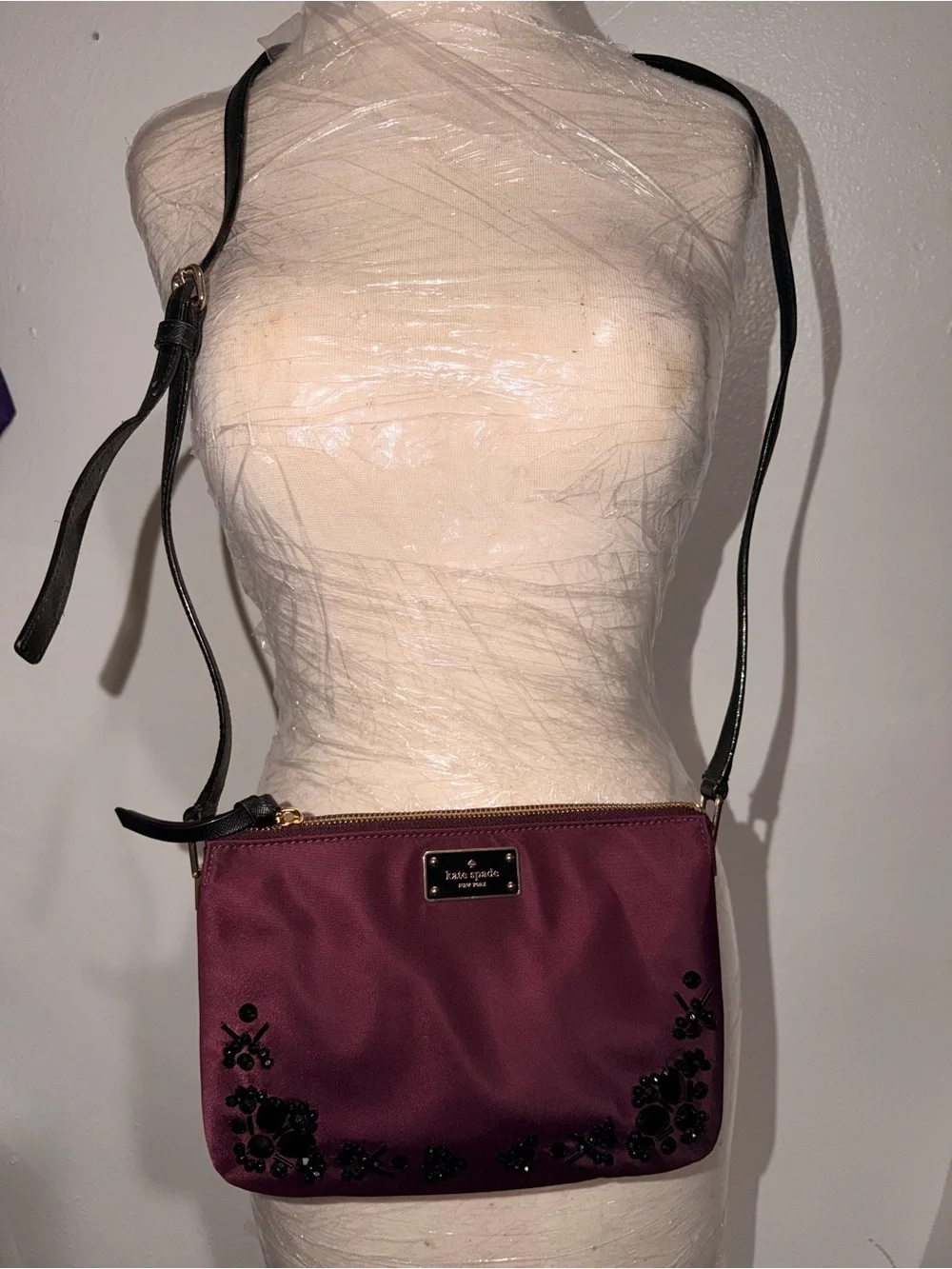kate spade purple satin clutch with black beaded floral trim